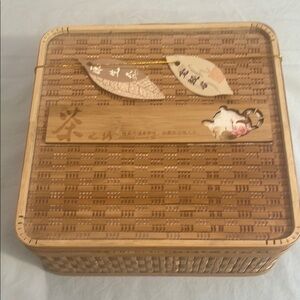 Woven Bamboo Tea Storage Box 8 3/4” X 8 3/4” X 3 1/2”  H  Excellent Condition